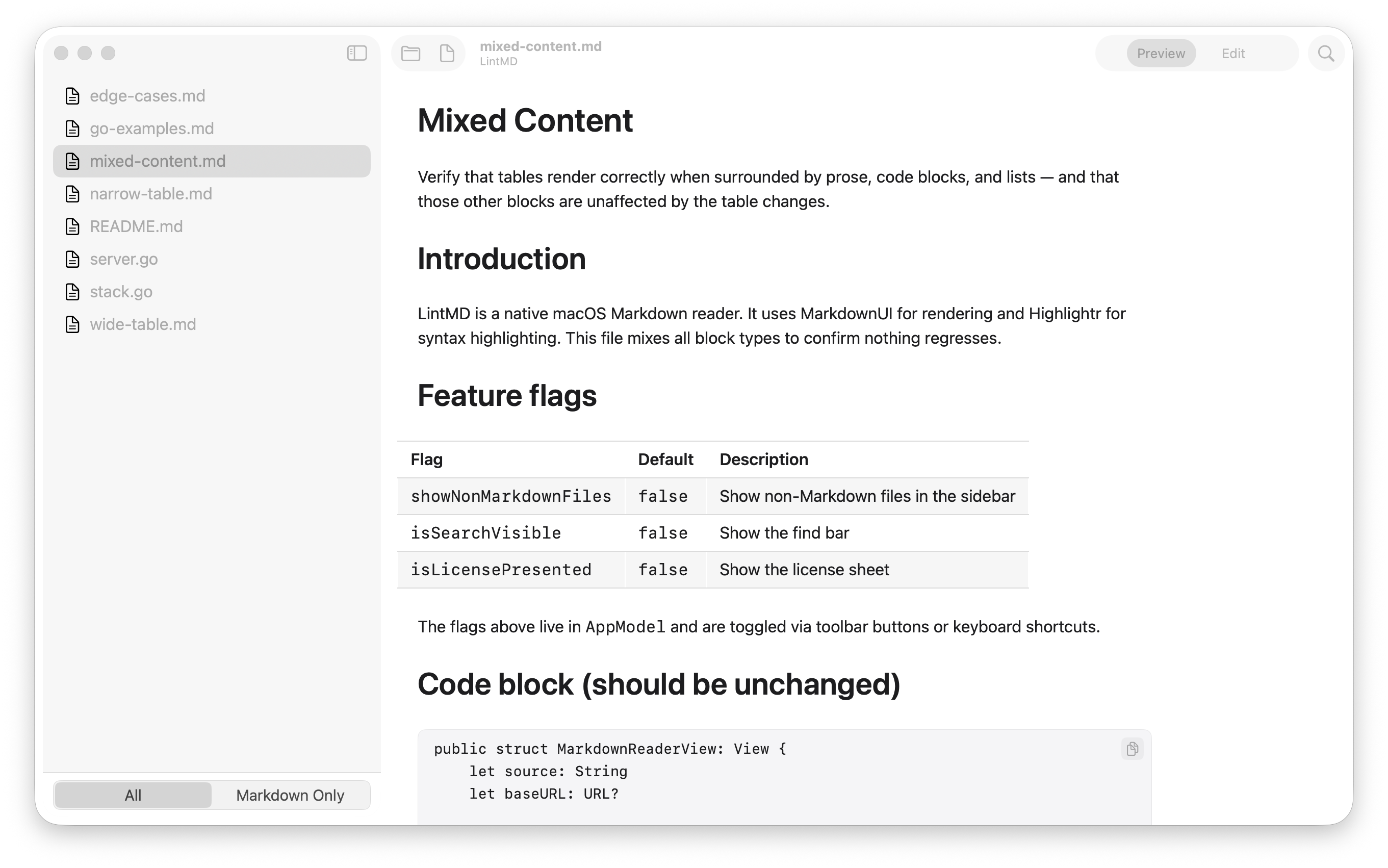 LintMD showing a folder of Markdown files in the sidebar with a rendered preview